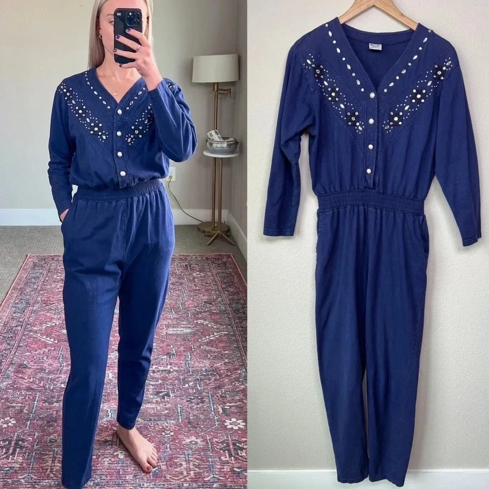 Vintage 80’s Western Bedazzled Jumpsuit Navy Blue small